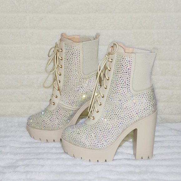 Barri Nude Rhinestone Chunky Heel Platform Ankle Boots - Picture 15 of 15